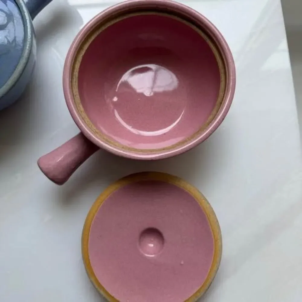 Vintage 1950’s BluePink Stoneware Casserole Soup Bowl Handle & Lid Made IN USA